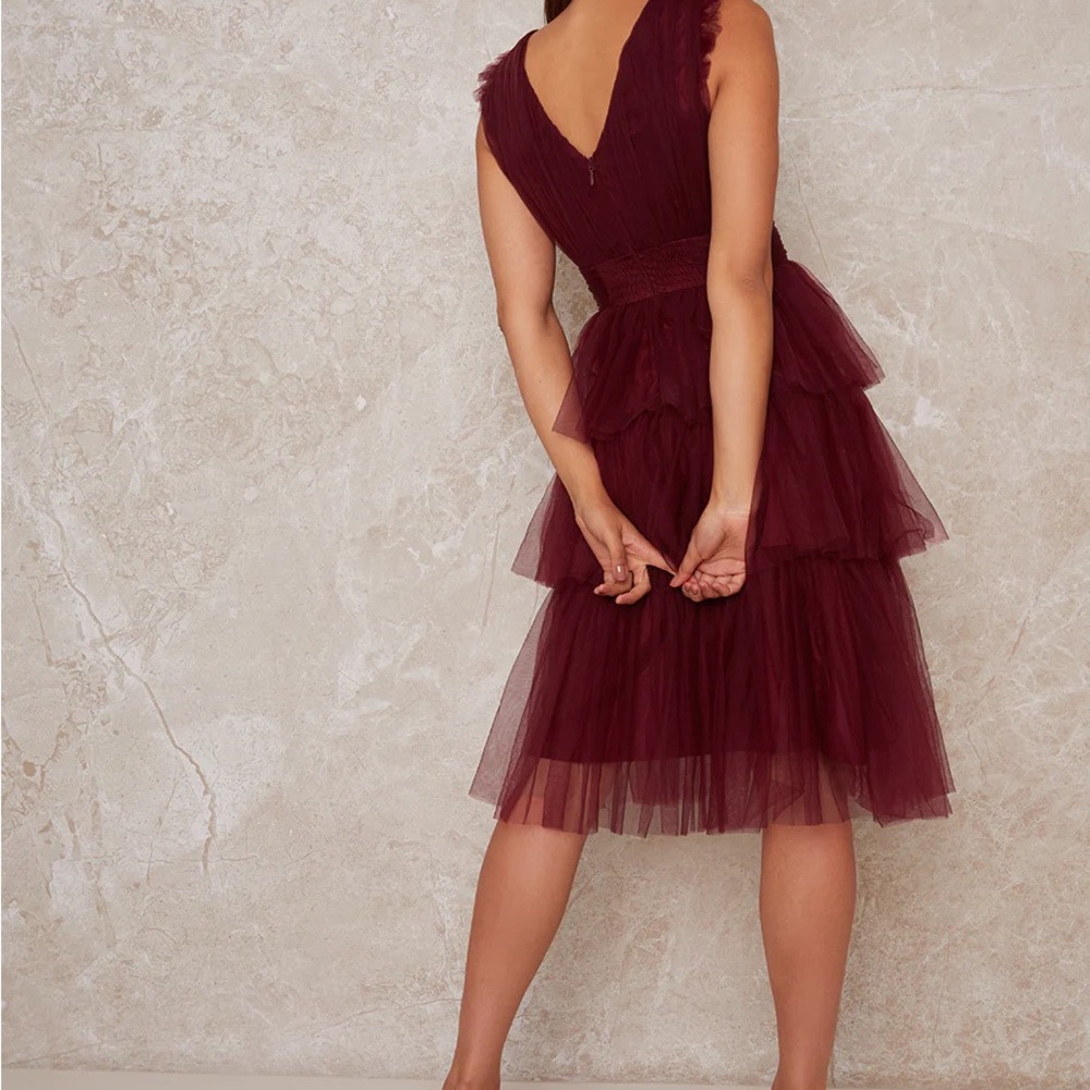 Black Cocktail Tulle V-Neck Midi Ruffle Dress / Size 4 - Picture 4 of 4